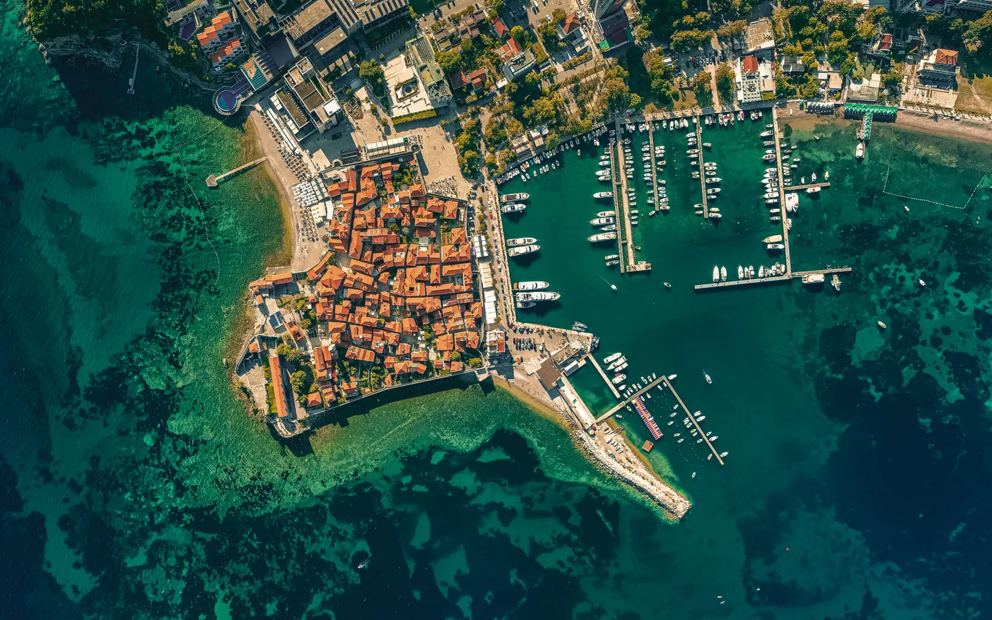 Aerial view of Budva and its marina
